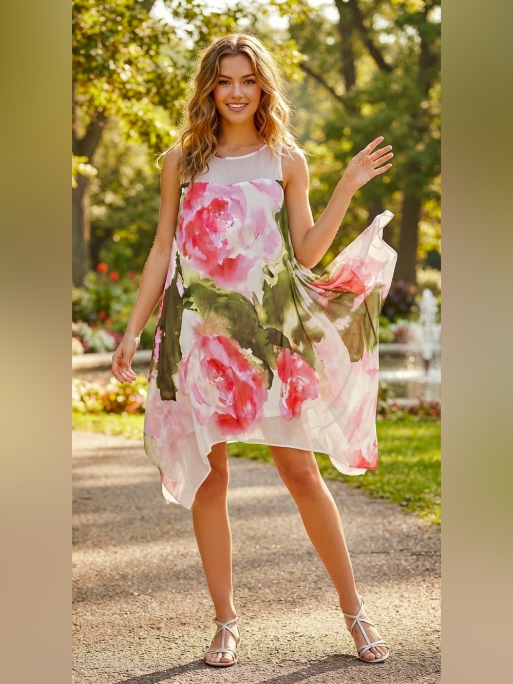 Robbie Bee Pink and Green Watercolor Floral High-Low Sundress